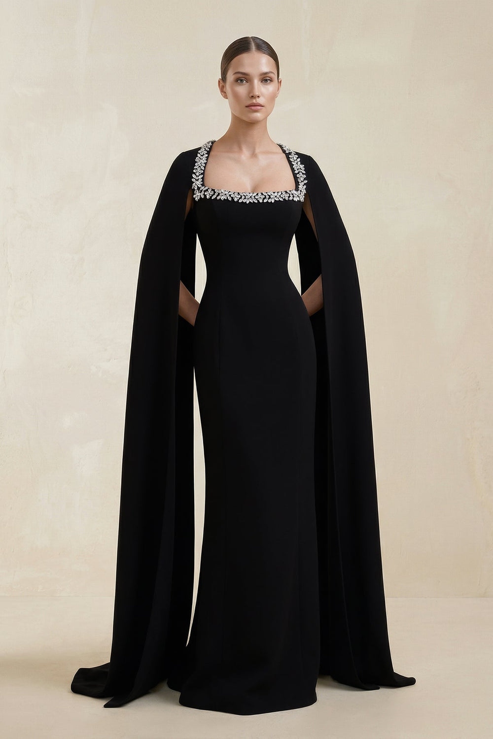 Black Square Neck Beaded Sheath Satin Wedding Dress With Sleeves