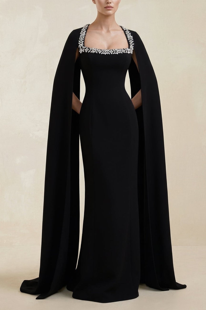 Black Square Neck Beaded Sheath Satin Wedding Dress With Sleeves