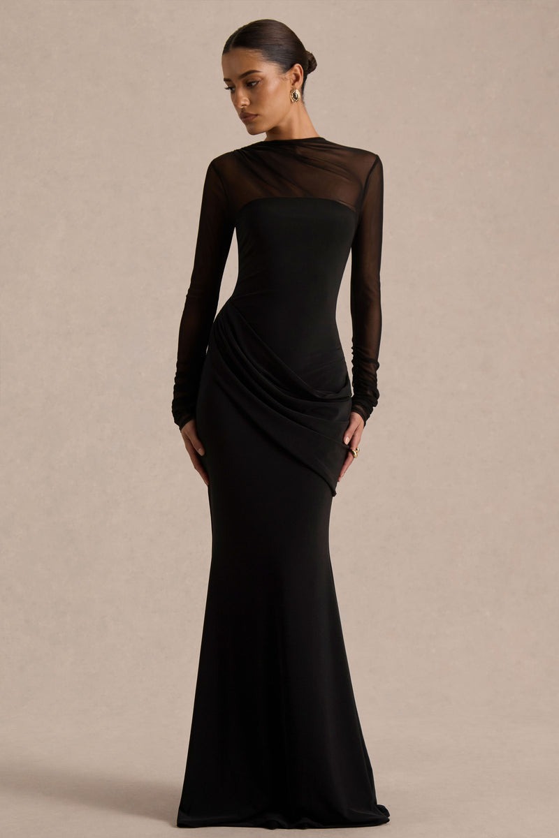 Black Jersey And Mesh High Neck Maxi Dress