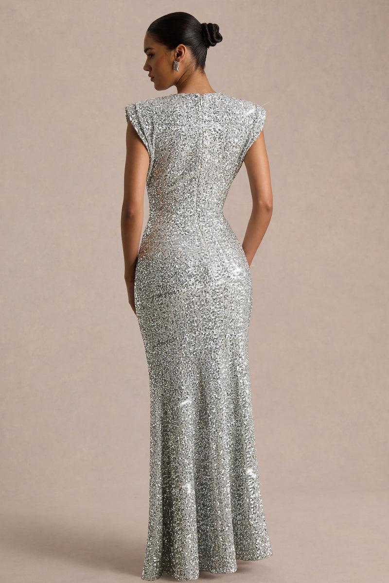 Silver Sequin Crew-Neck Maxi Dress With Cap Sleeves