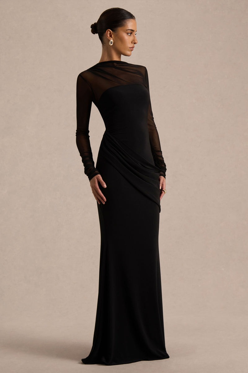 Black Jersey And Mesh High Neck Maxi Dress