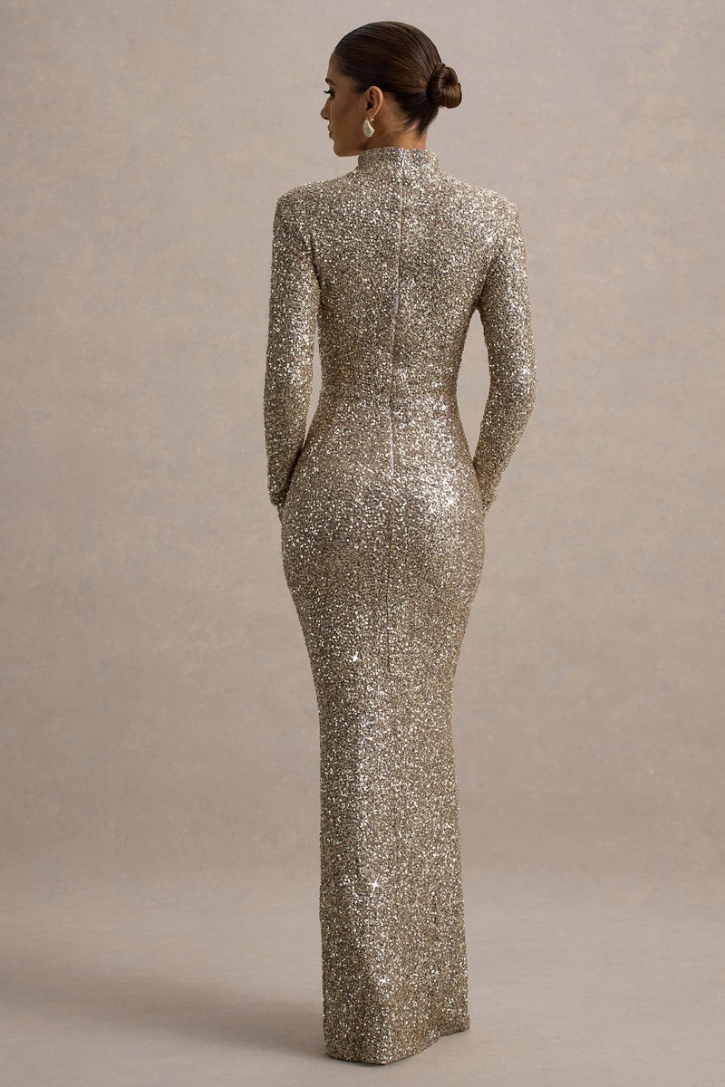 Champagne Sequin Turtle-Neck Long-Sleeve Maxi Dress
