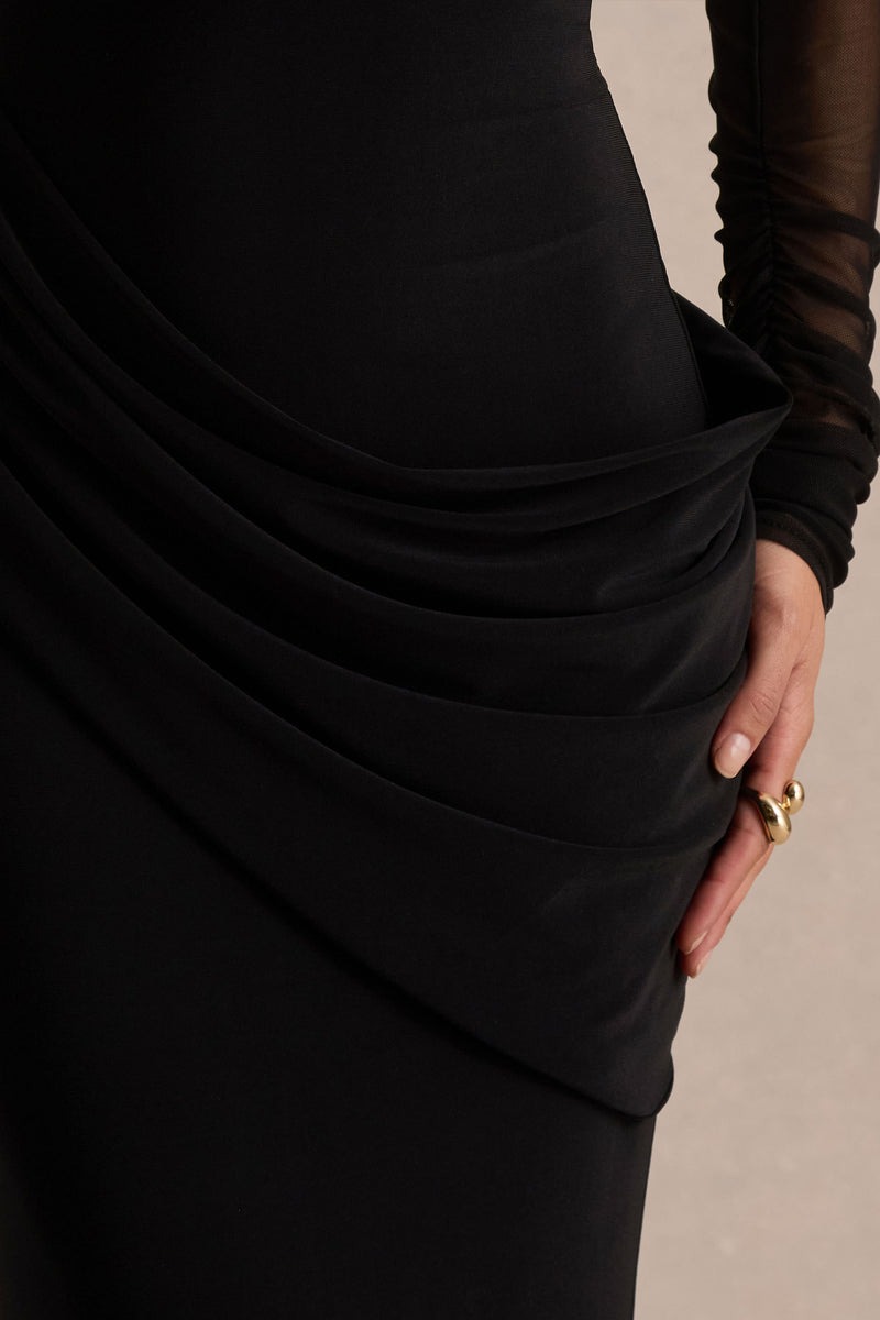 Black Jersey And Mesh High Neck Maxi Dress
