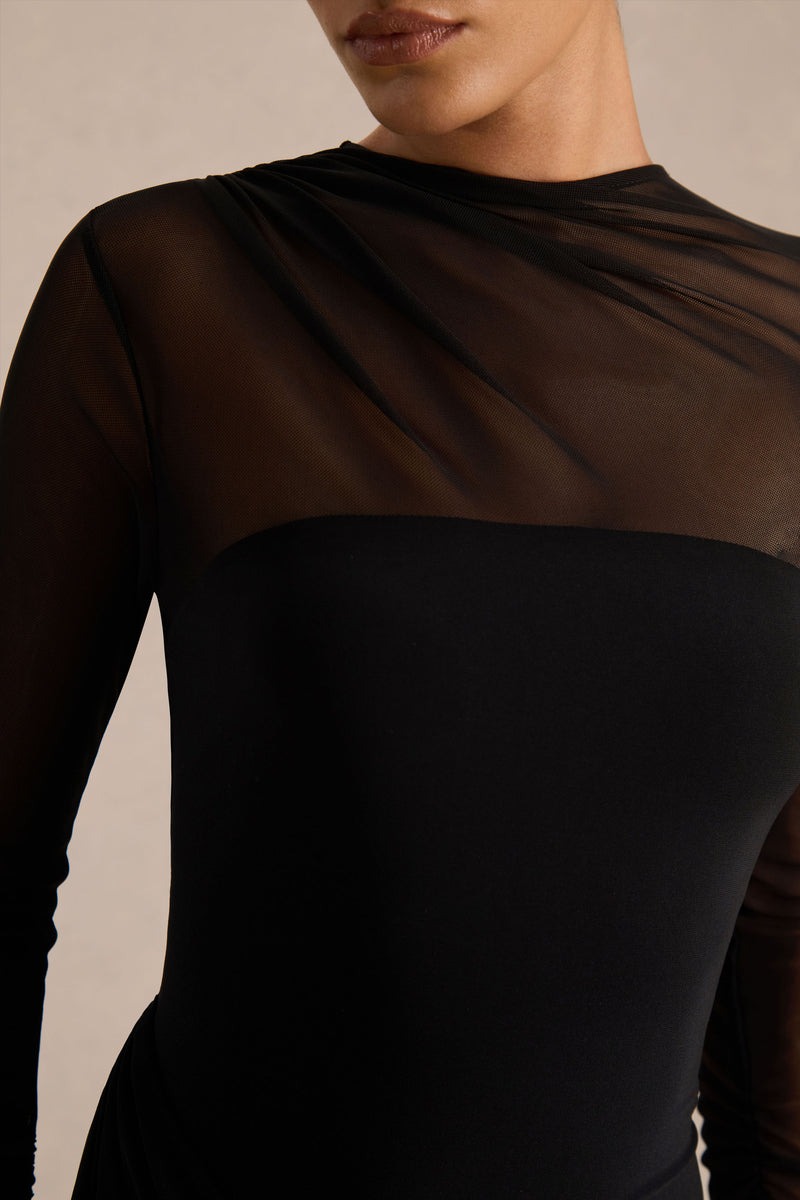 Black Jersey And Mesh High Neck Maxi Dress