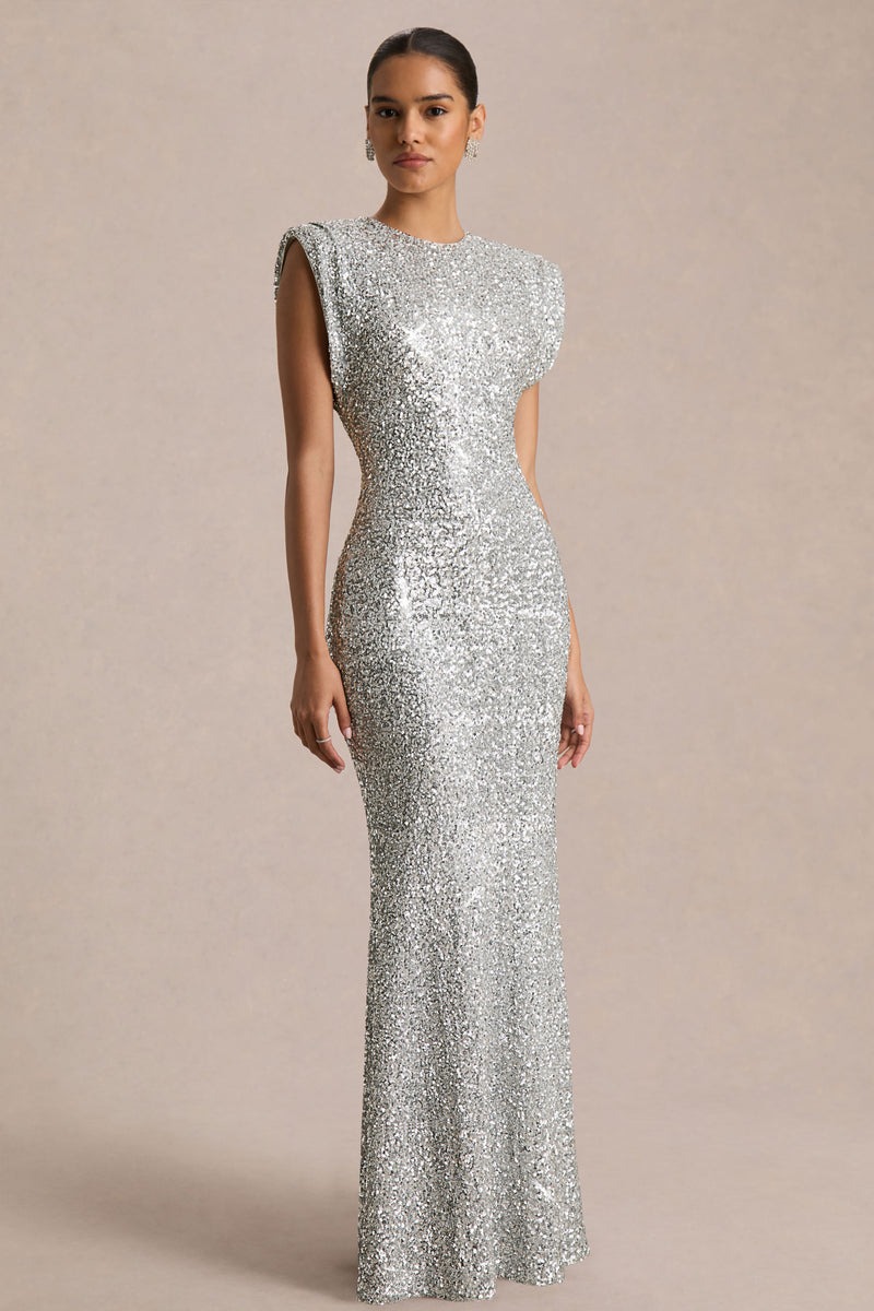Silver Sequin Crew-Neck Maxi Dress With Cap Sleeves