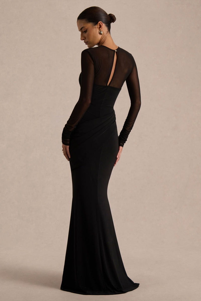 Black Jersey And Mesh High Neck Maxi Dress