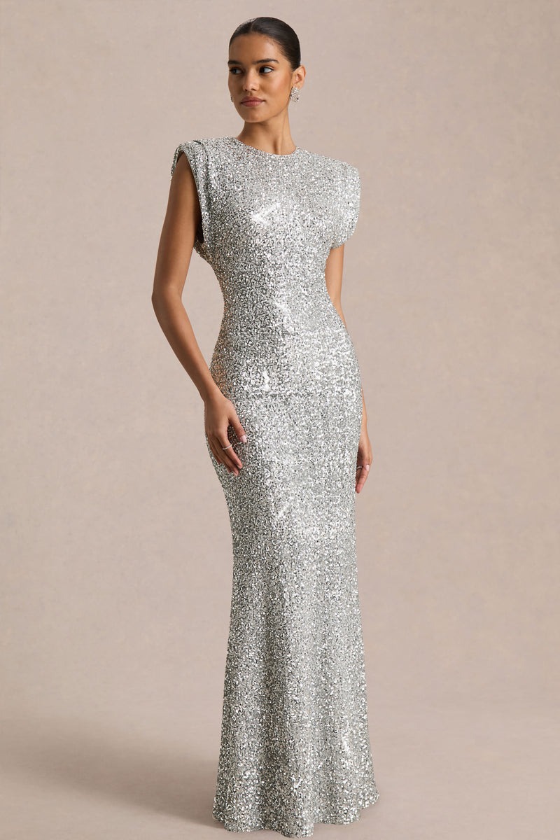 Silver Sequin Crew-Neck Maxi Dress With Cap Sleeves
