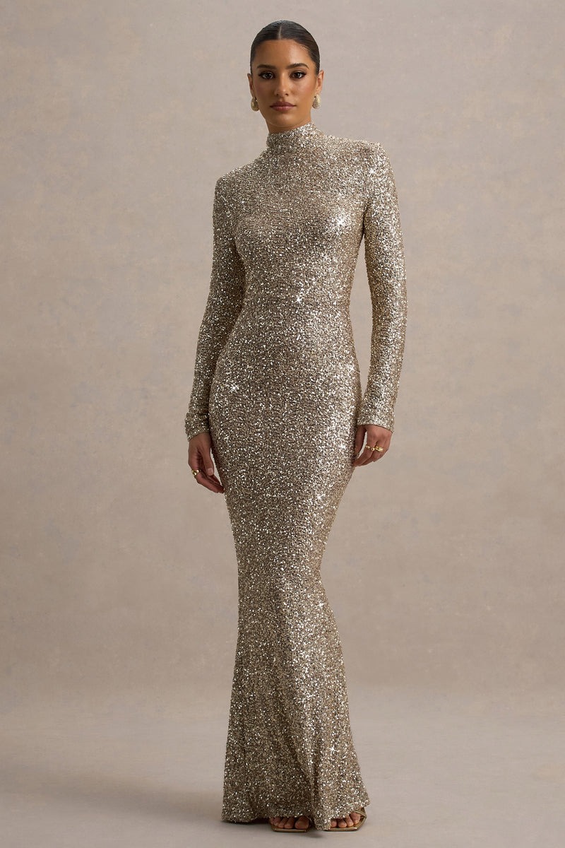 Champagne Sequin Turtle-Neck Long-Sleeve Maxi Dress