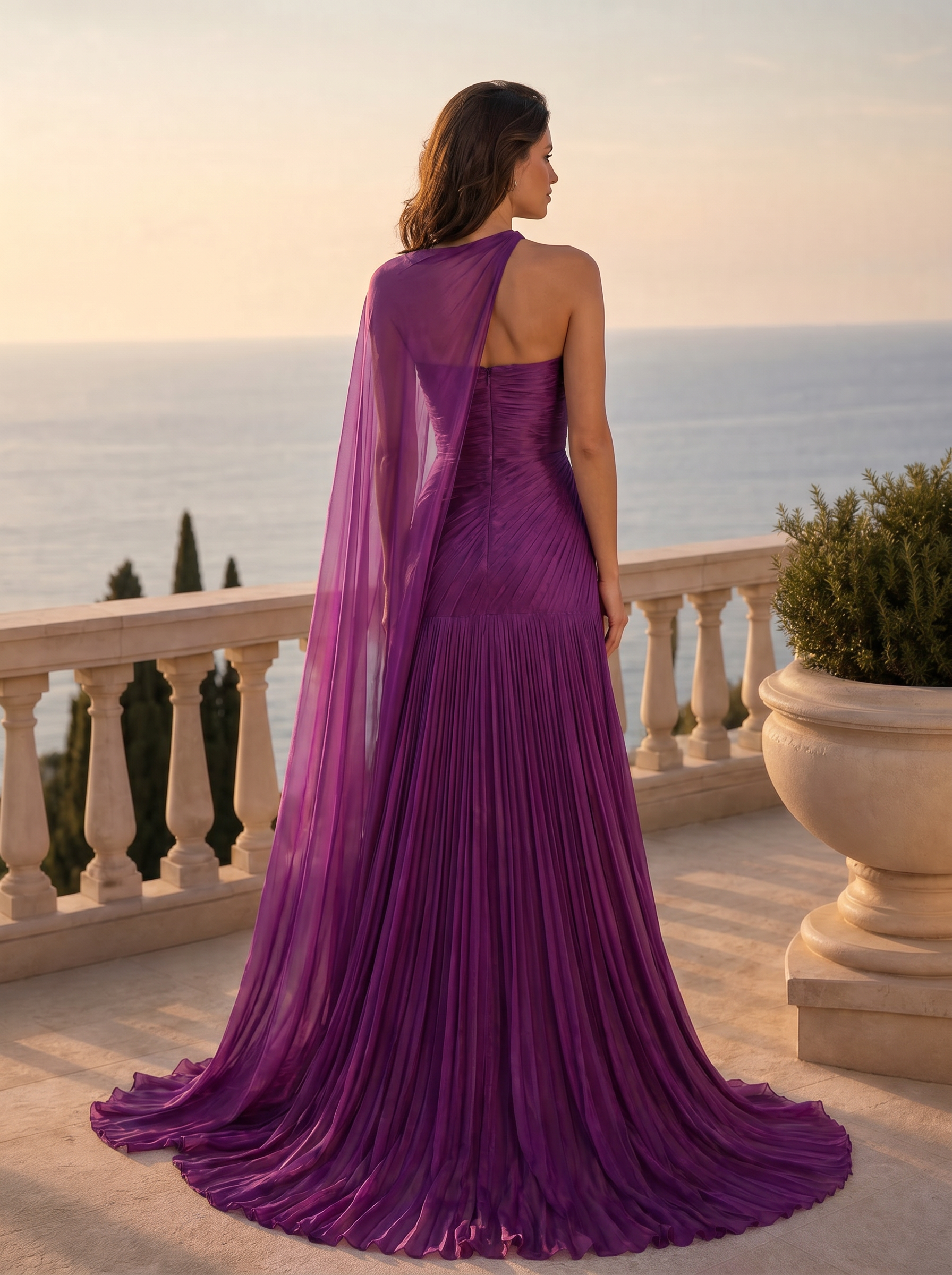 Purple One-Shoulder Cape Sleeve Pleated Mermaid Gown
