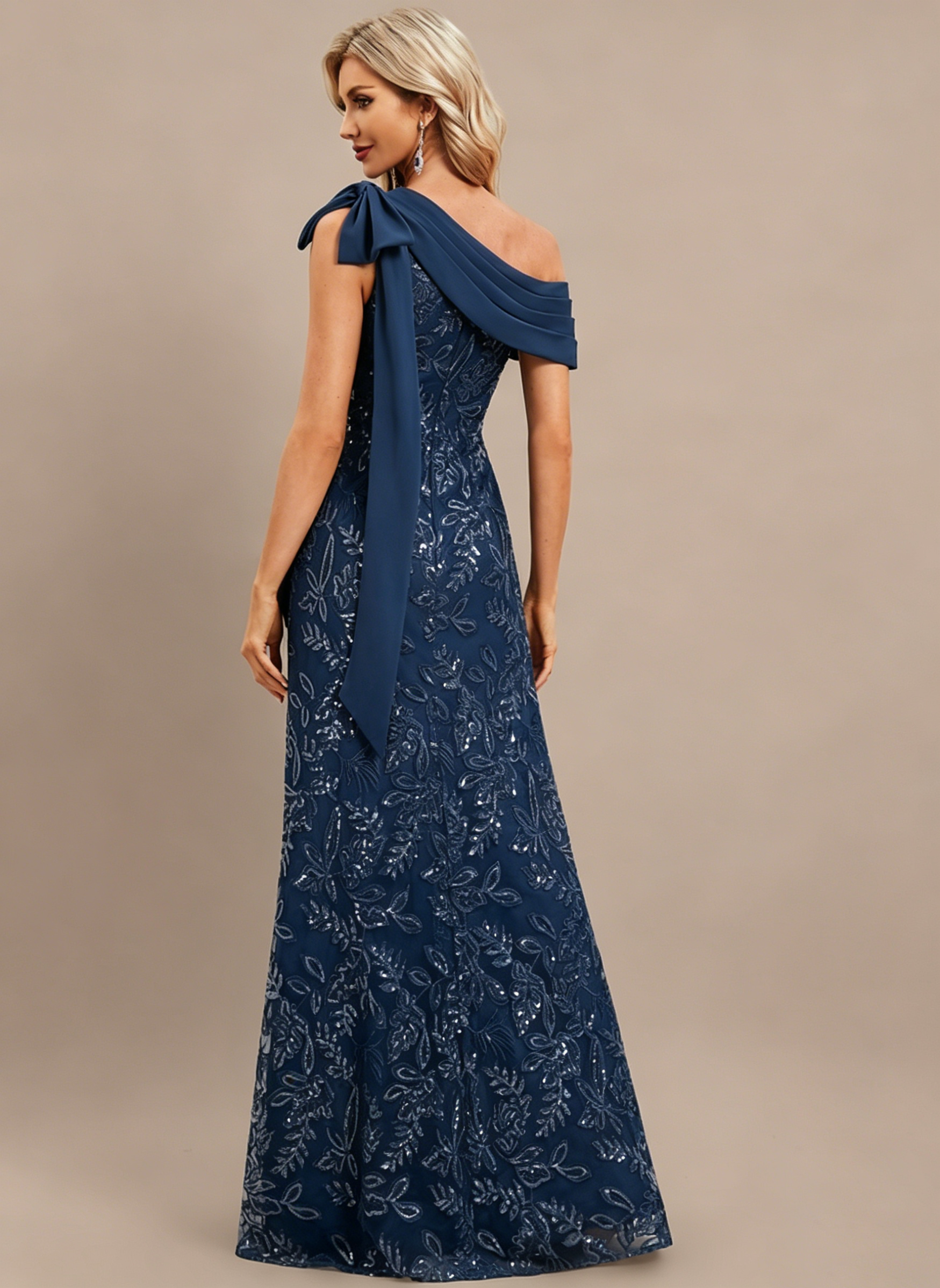 Plum Sheath/Column One Shoulder Pleated Lace Dress