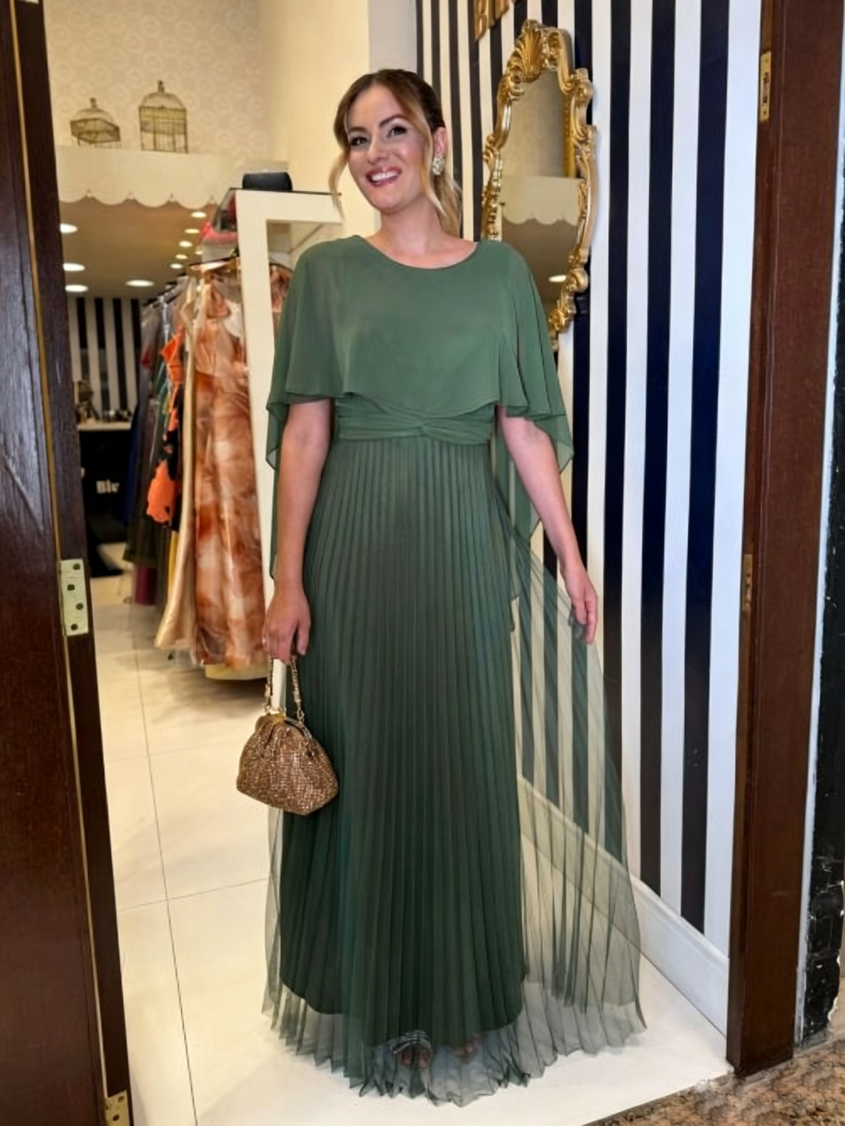 Ethereal Cape-Overlay Pleated Evening Gown