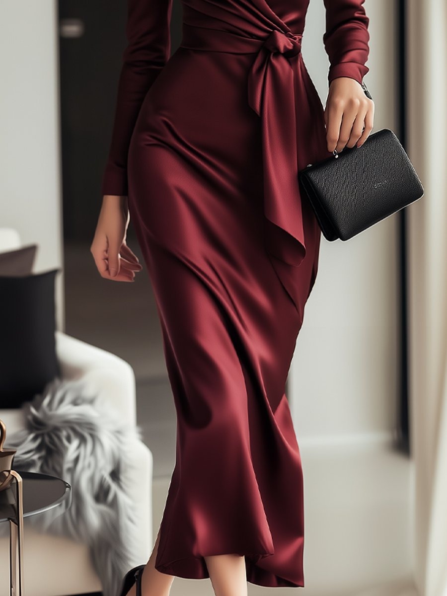 Timeless Burgundy Satin Wrap Dress