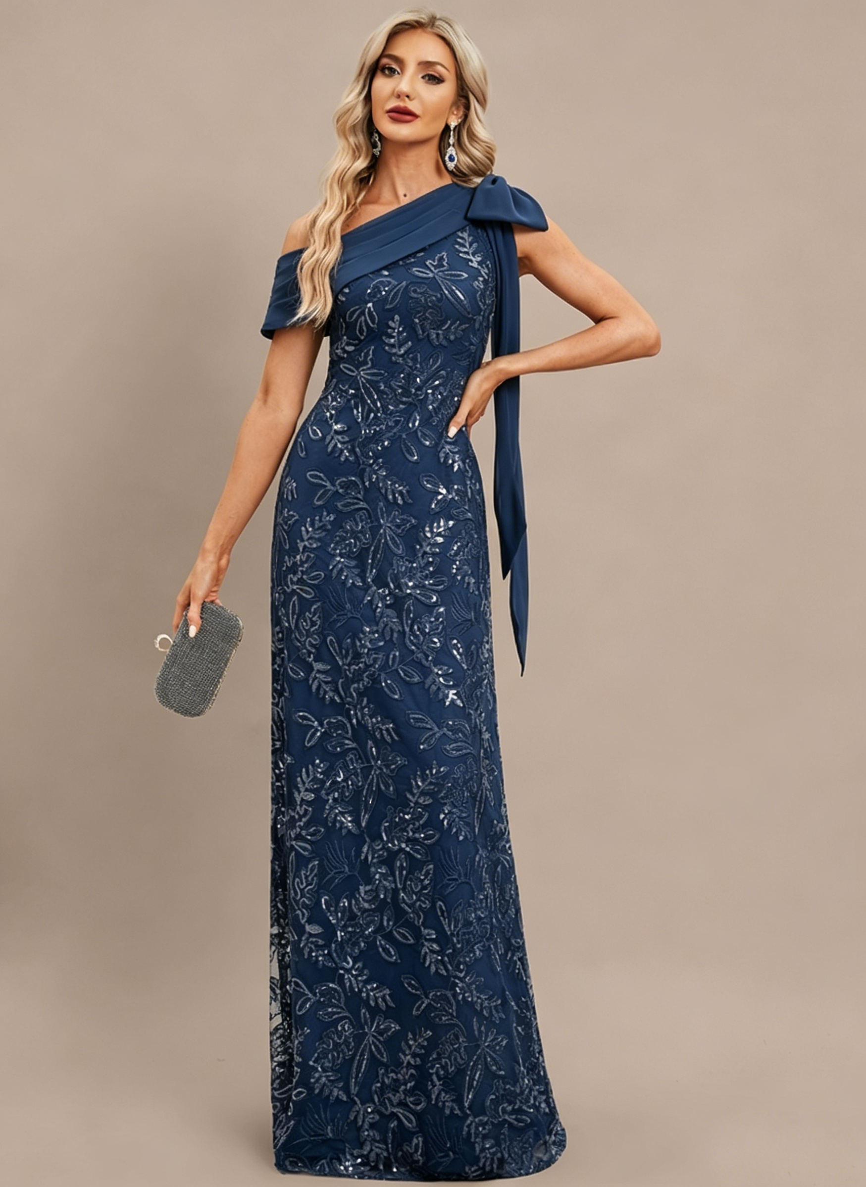 Plum Sheath/Column One Shoulder Pleated Lace Dress