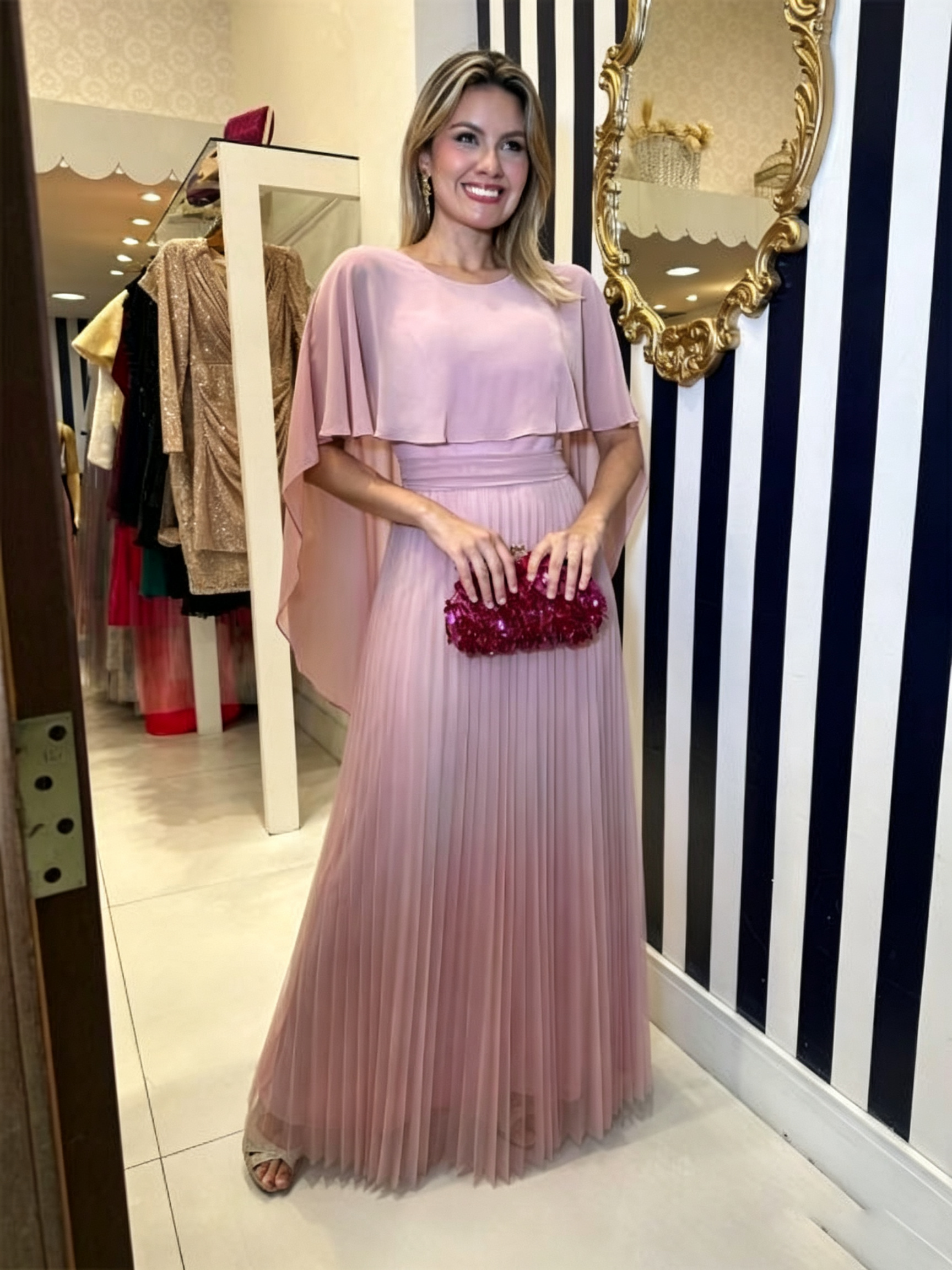 Ethereal Cape-Overlay Pleated Evening Gown
