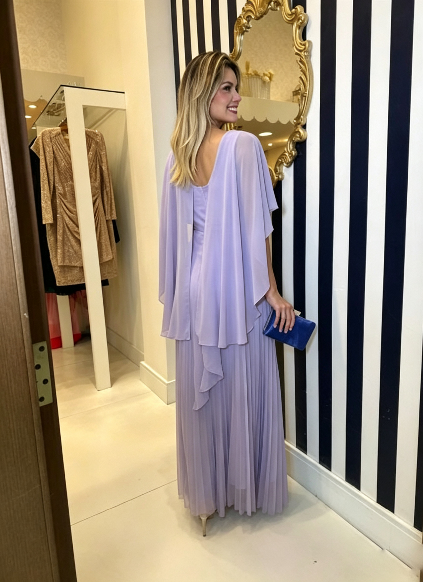 Ethereal Cape-Overlay Pleated Evening Gown