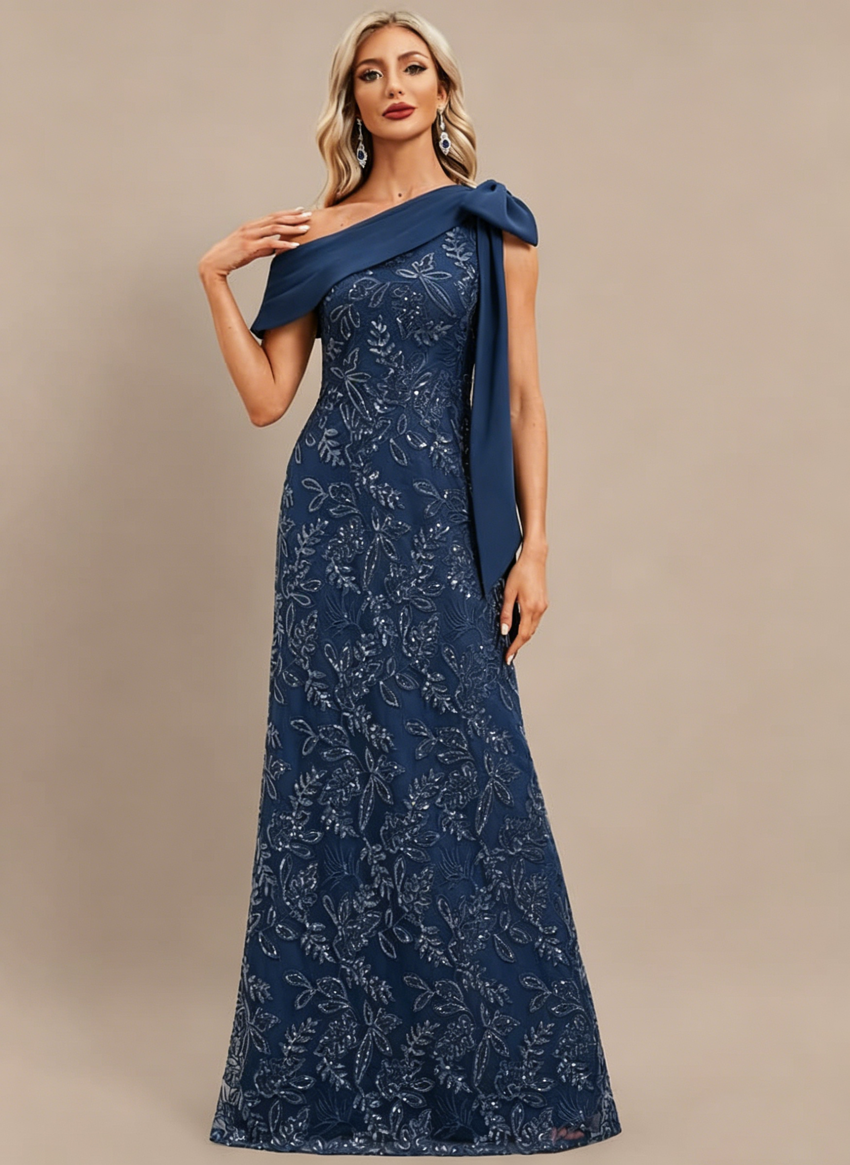 Plum Sheath/Column One Shoulder Pleated Lace Dress