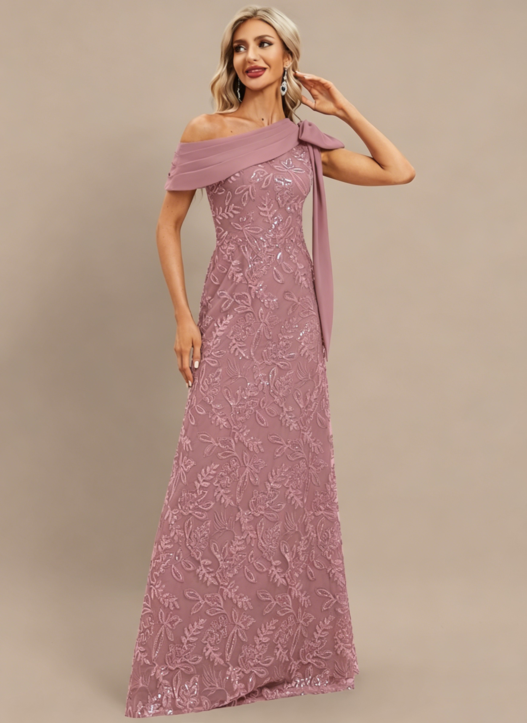 Plum Sheath/Column One Shoulder Pleated Lace Dress