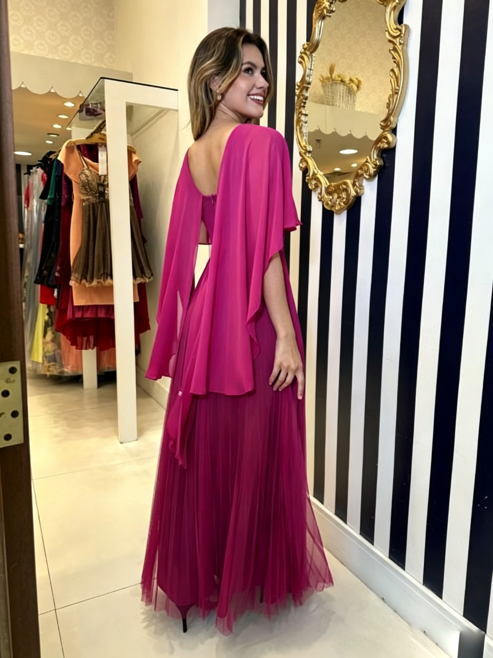 Ethereal Cape-Overlay Pleated Evening Gown
