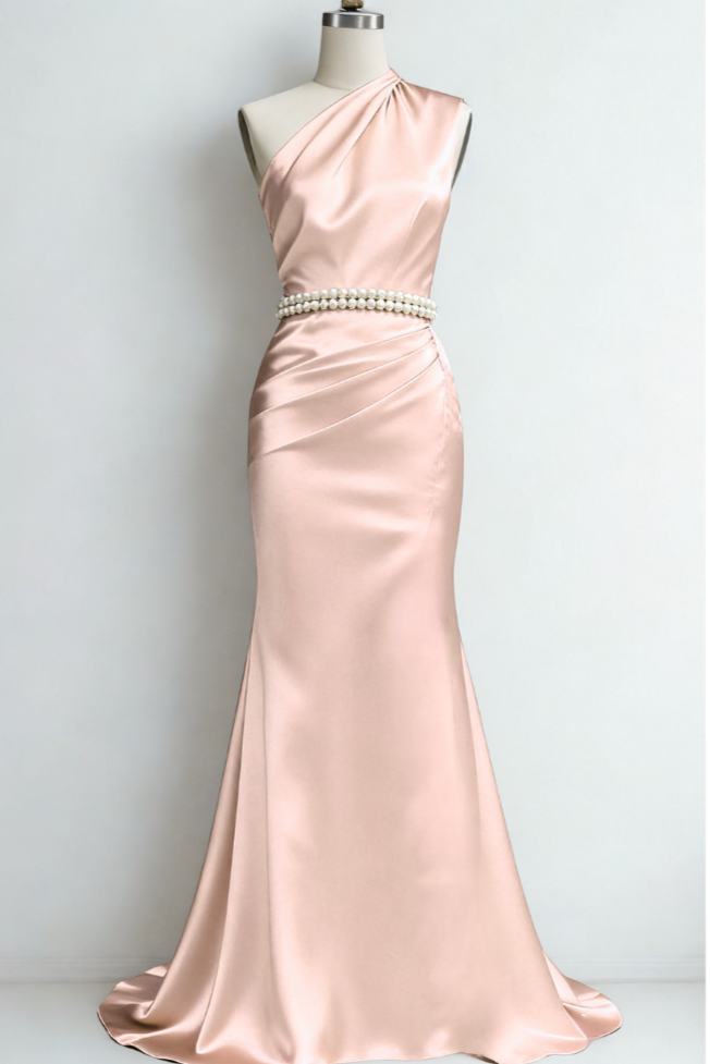 Pink Pearl Satin One Shoulder Sleeveless A-Line Gown Dress