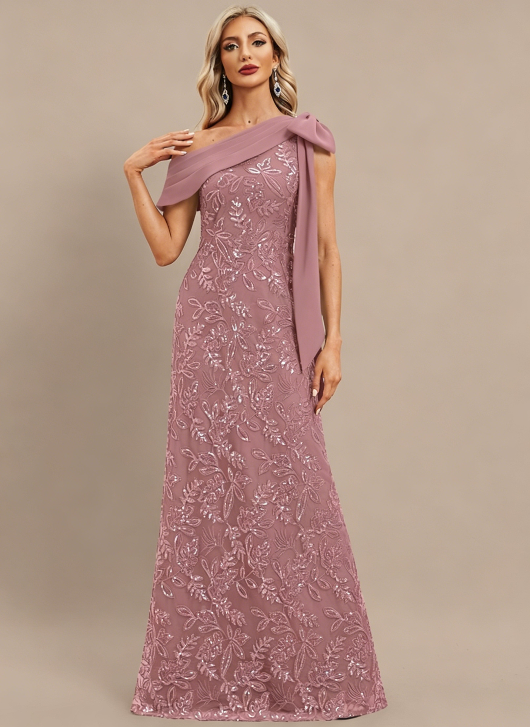Plum Sheath/Column One Shoulder Pleated Lace Dress