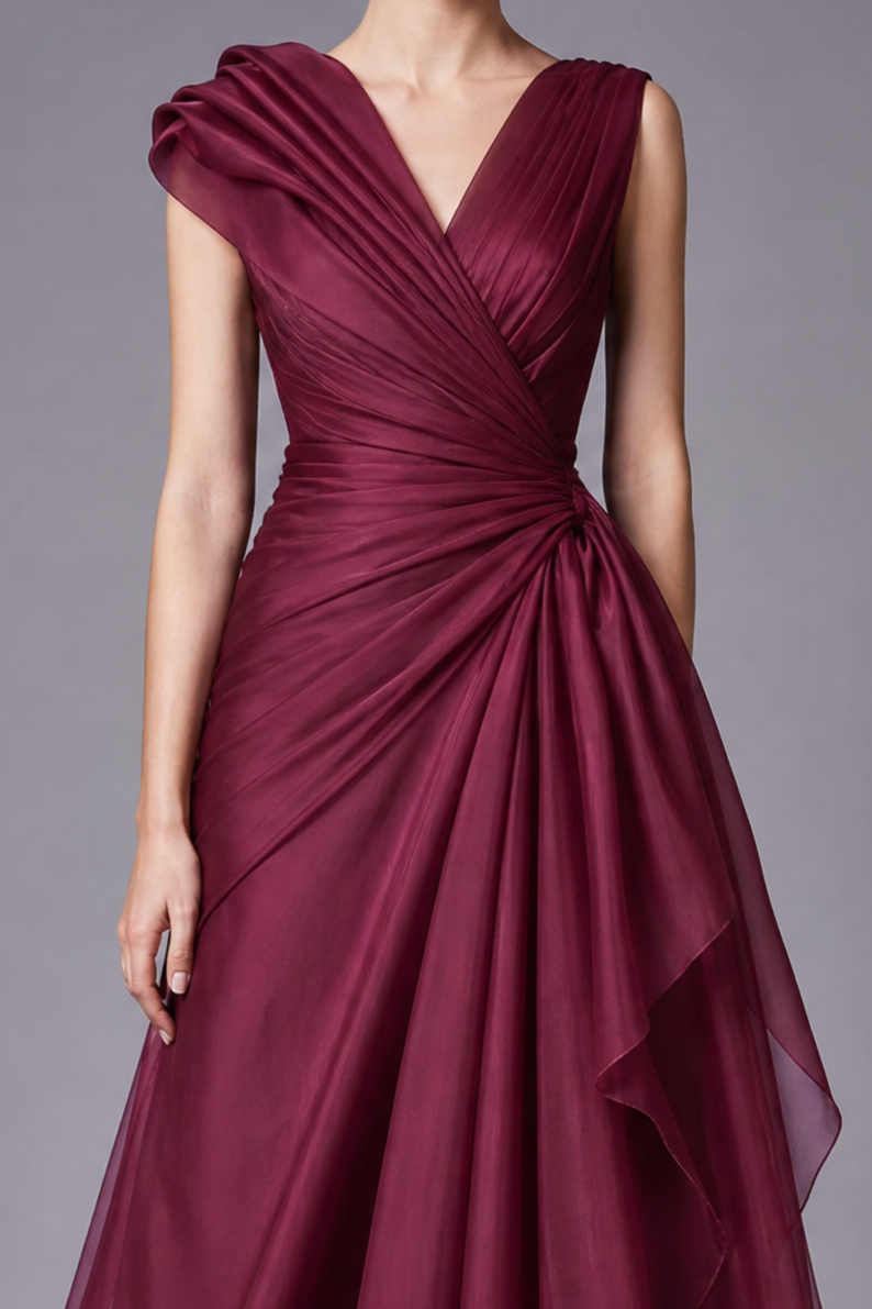 Wine Red Organza Sleeveless V neck Draped Cinched-Waist Maxi Dress