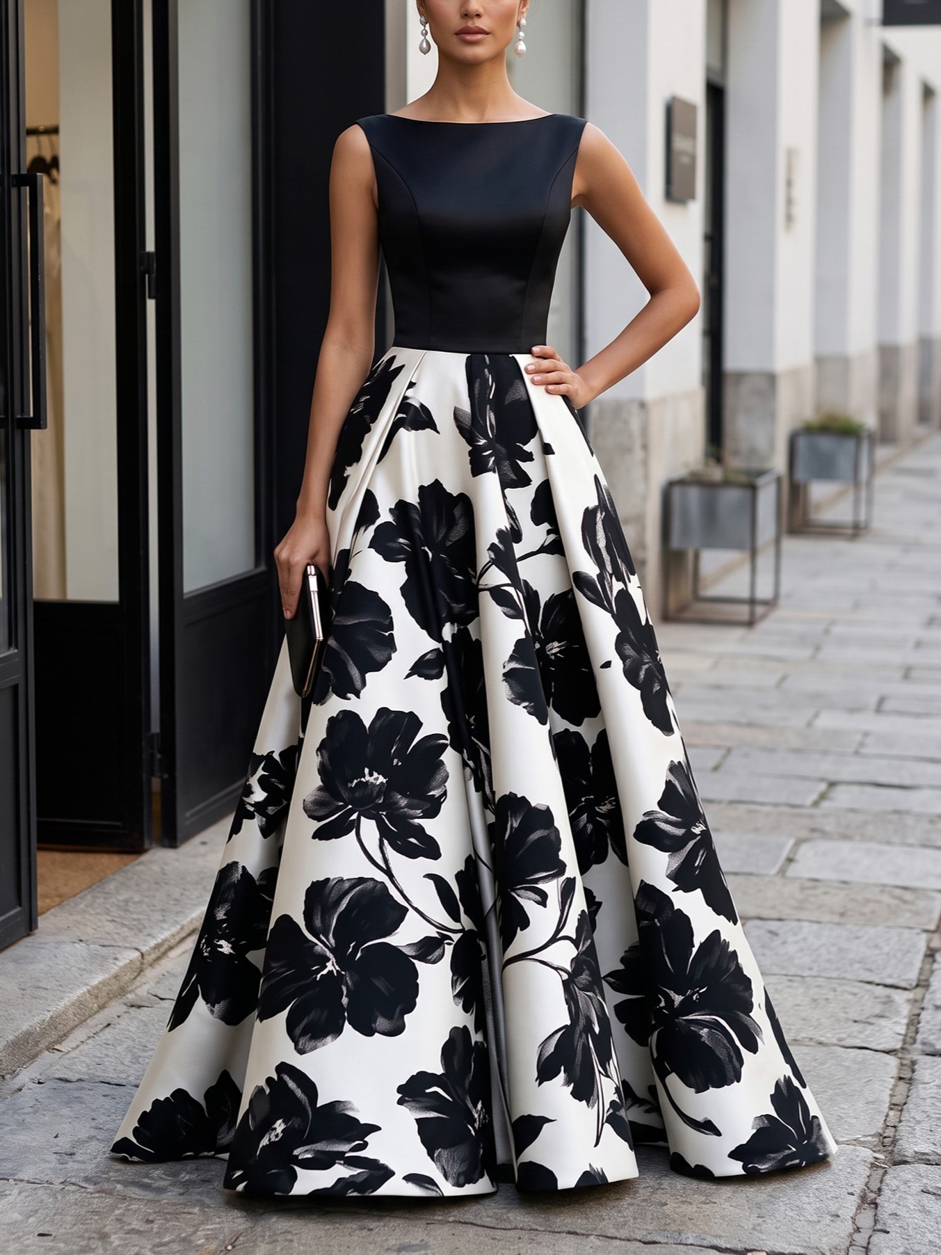 Bateau Neck Satin Ball Gown with Bold Floral Printed Skirt Maxi Dress
