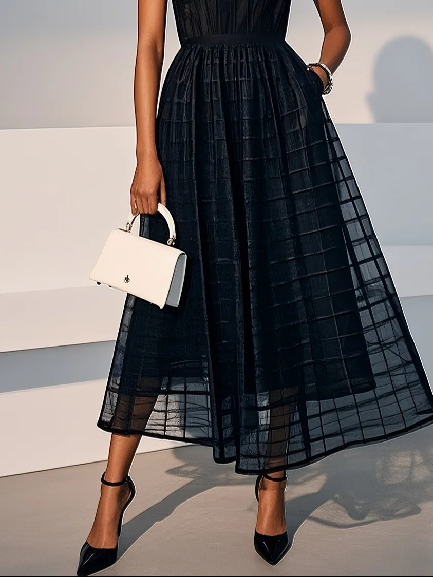 Black Organza Mesh Plaid Classic Crew Neck Sleeveless A-Line Midi Dress