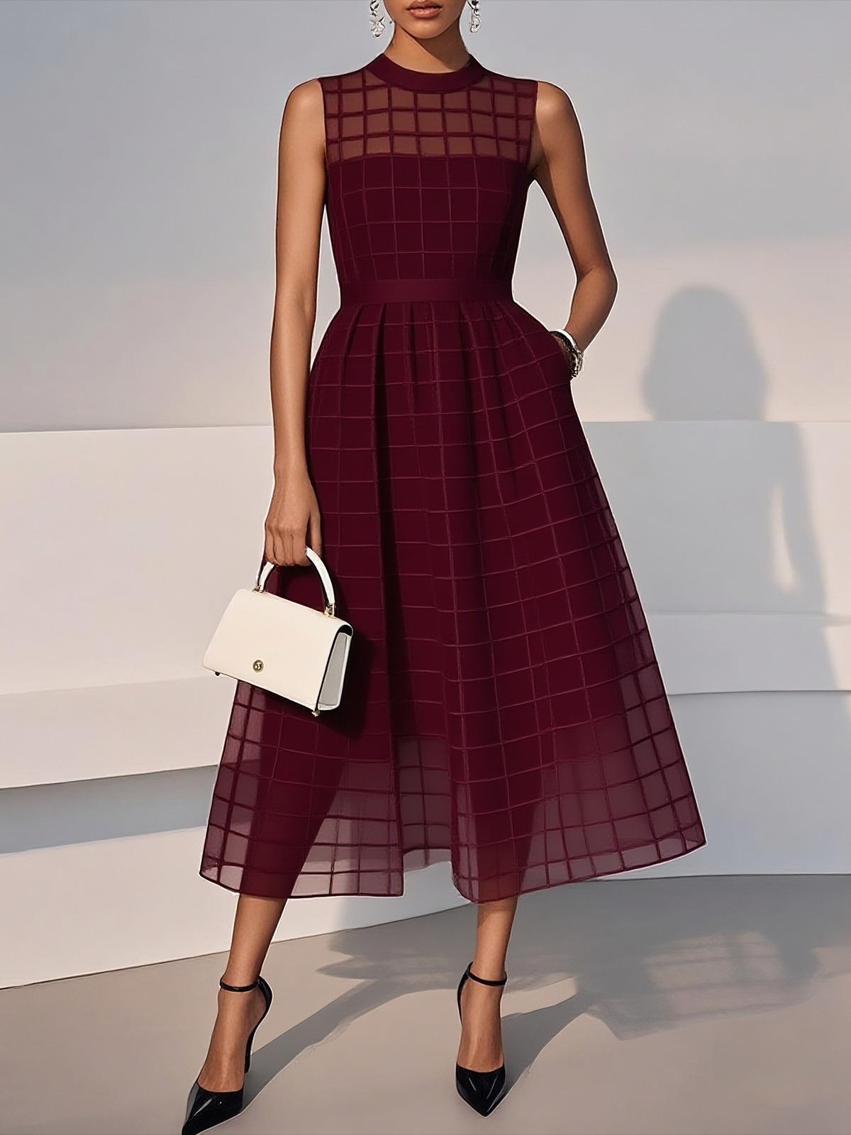 Black Organza Mesh Plaid Classic Crew Neck Sleeveless A-Line Midi Dress