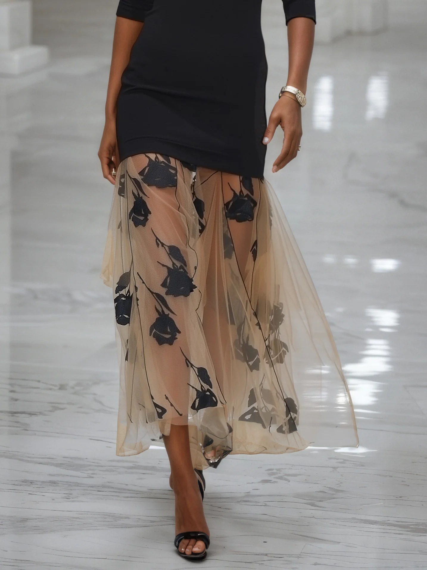 Black Flocked Knit Cotton Off The Shoulder Half Sleeve Mermaid Maxi Jersey Dress