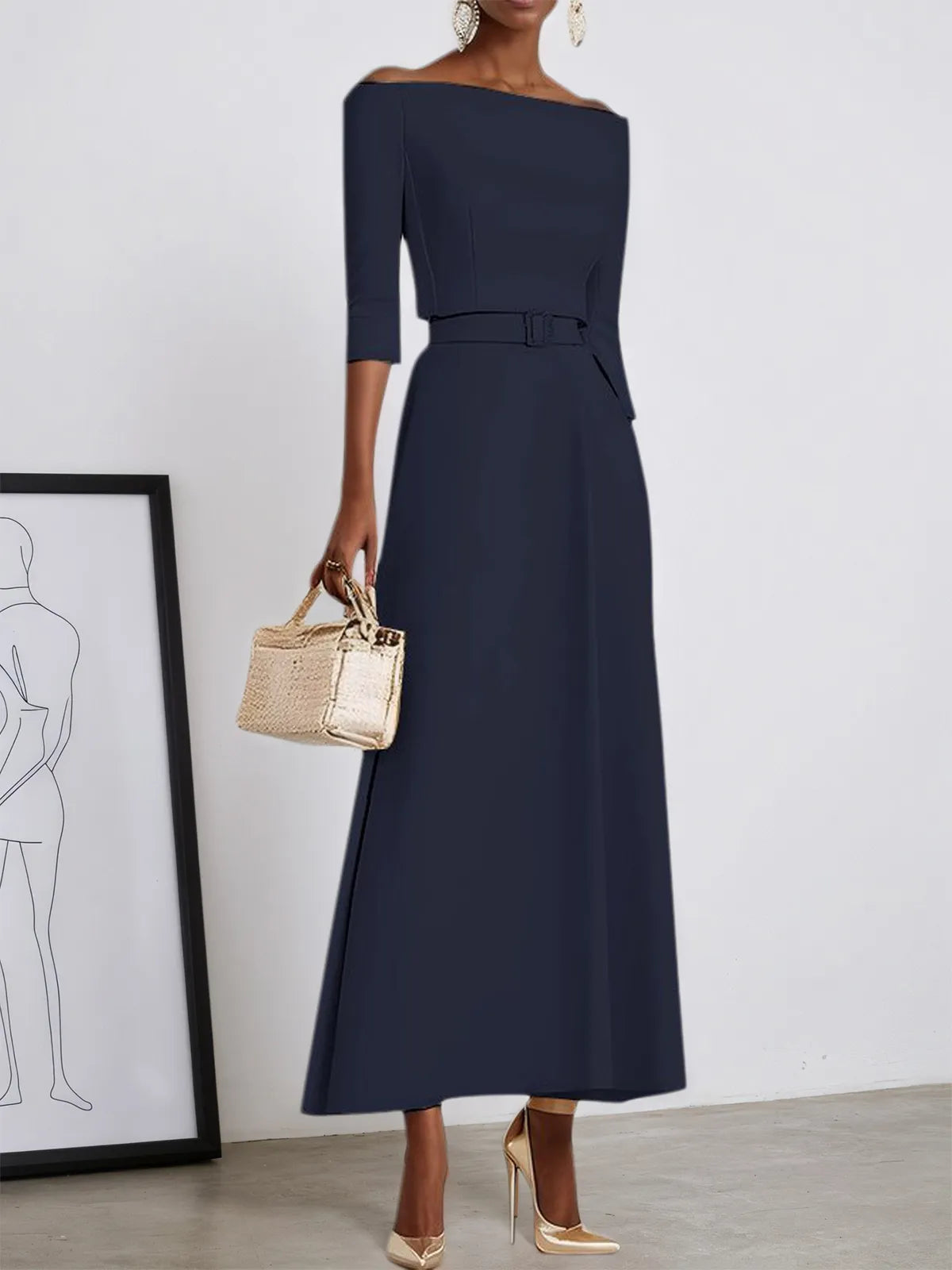 Purplish blue Classic Off The Shoulder Half Sleeve A-Line Maxi Dress