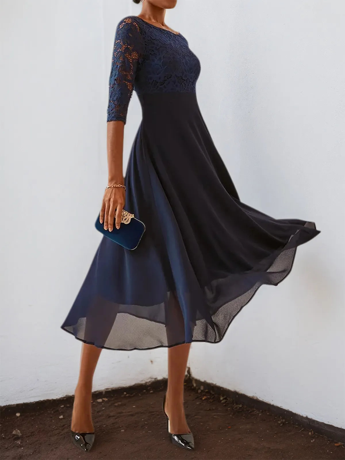 Purplish blue Lace Chiffon Crew Neck Half Sleeve A-Line Midi Dress