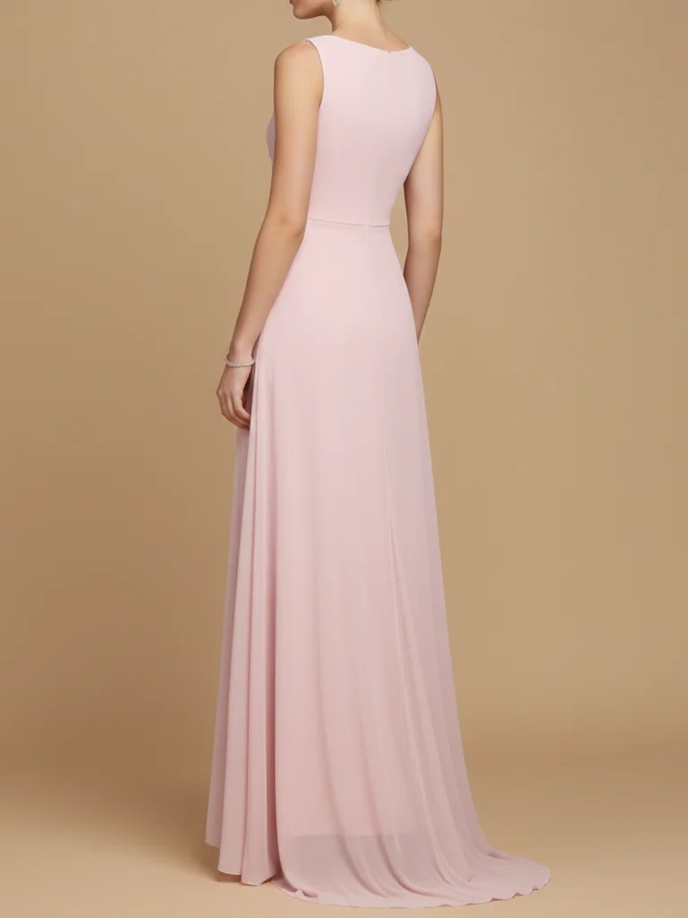 Blush Pink Ruched Slit Tulle Cowl Neck Sleeveless A-Line Maxi Bridesmaid Dress