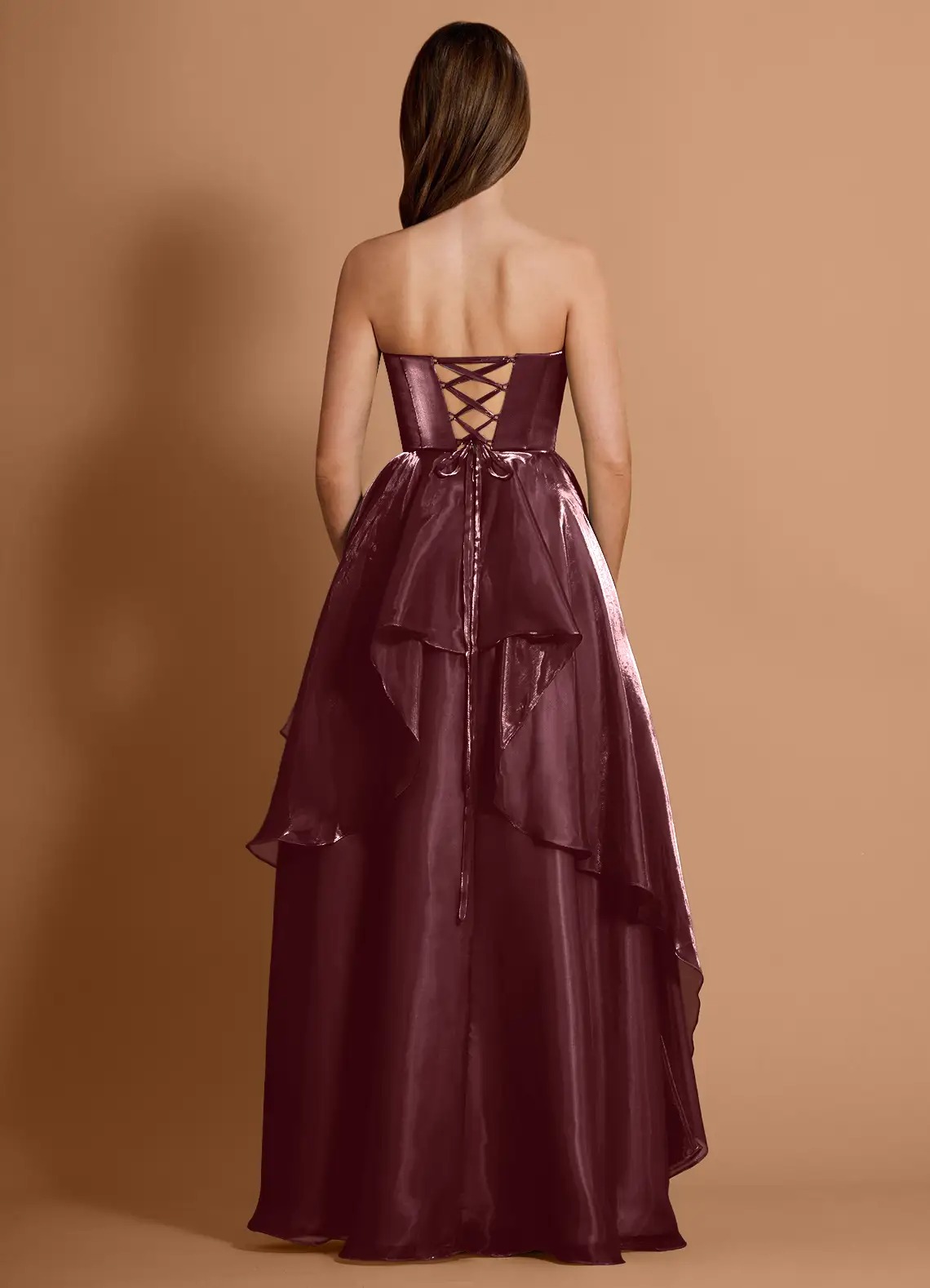 Burgundy Strapless Ruffled High-Slit Evening Gown