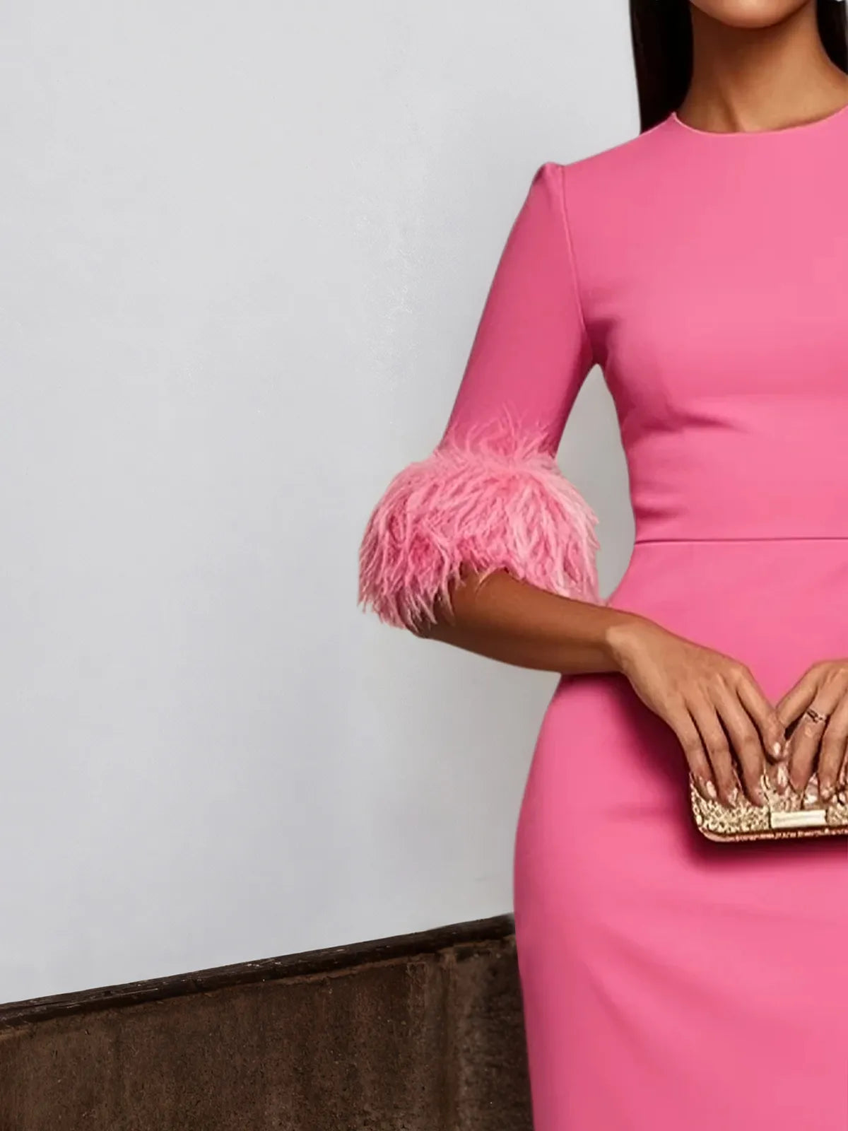Rose Red Feather Classic Crew Neck Half Sleeve Sheath Midi Dress