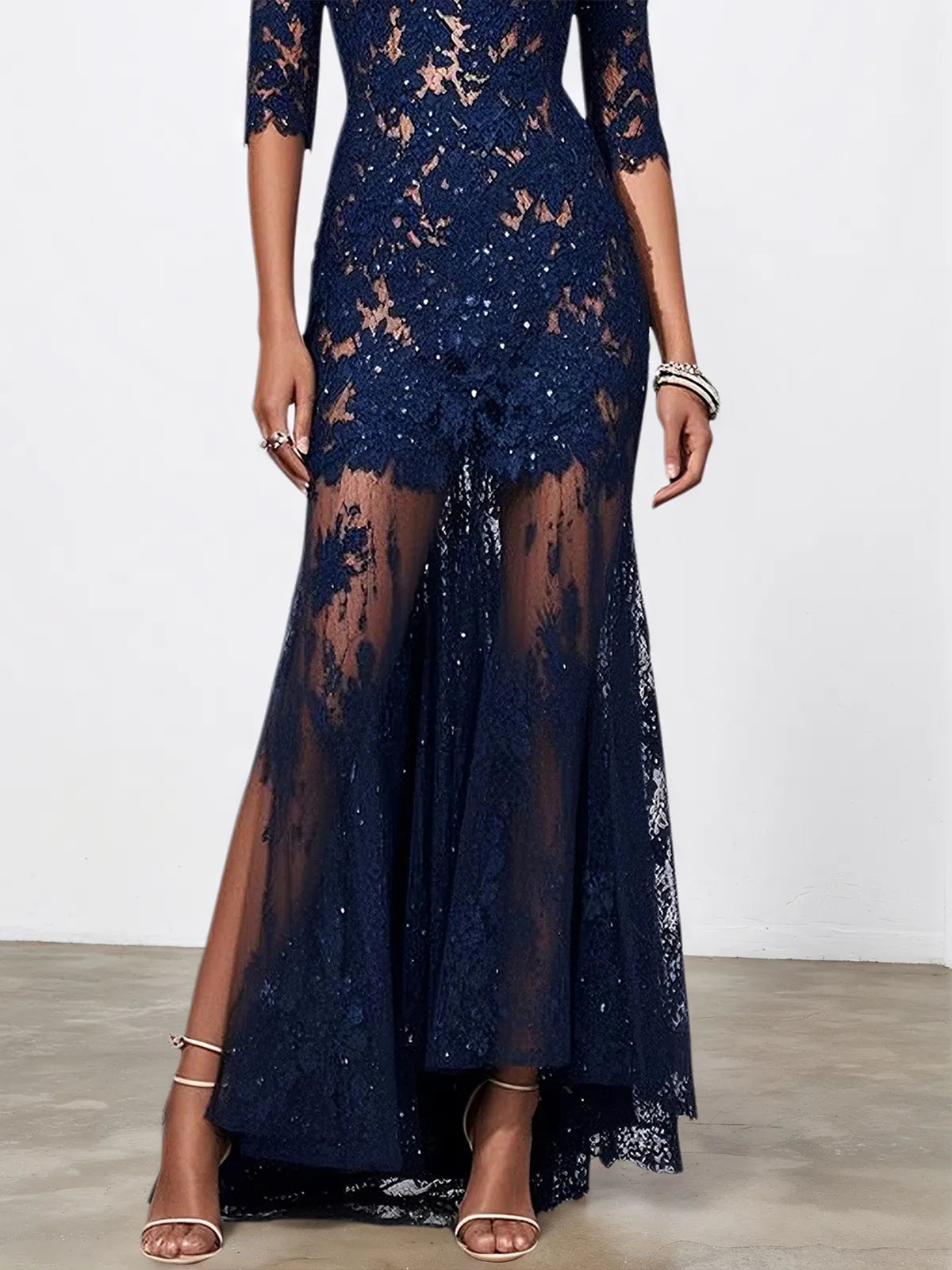 Purplish Blue Lace Sequin Off The Shoulder Half Sleeve Sheath Maxi Dress
