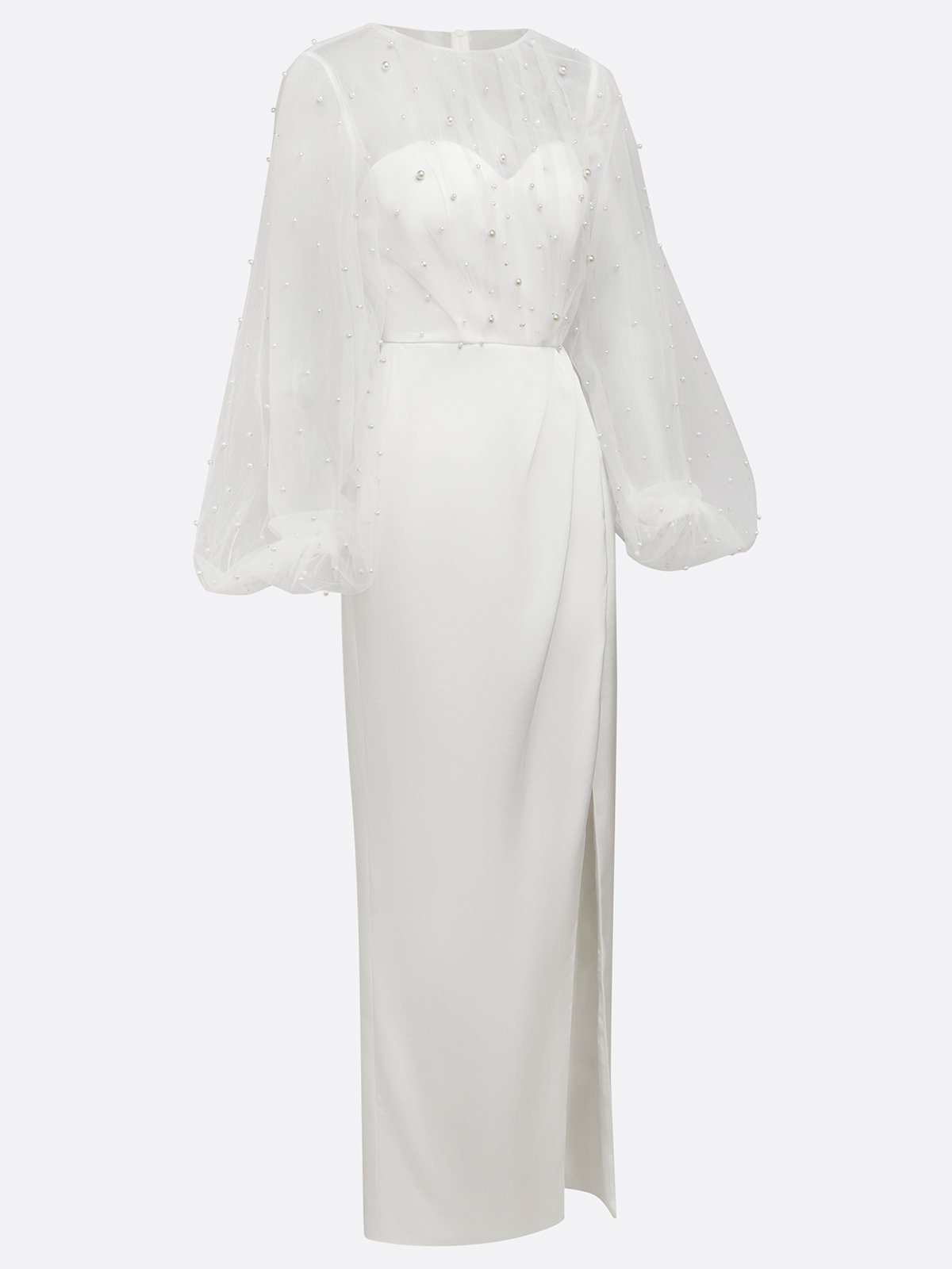 White Faux Pearl Side-Slit Classic Crew Neck Long Sleeve Puff Sleeve Sheath Bridal Gown Dress