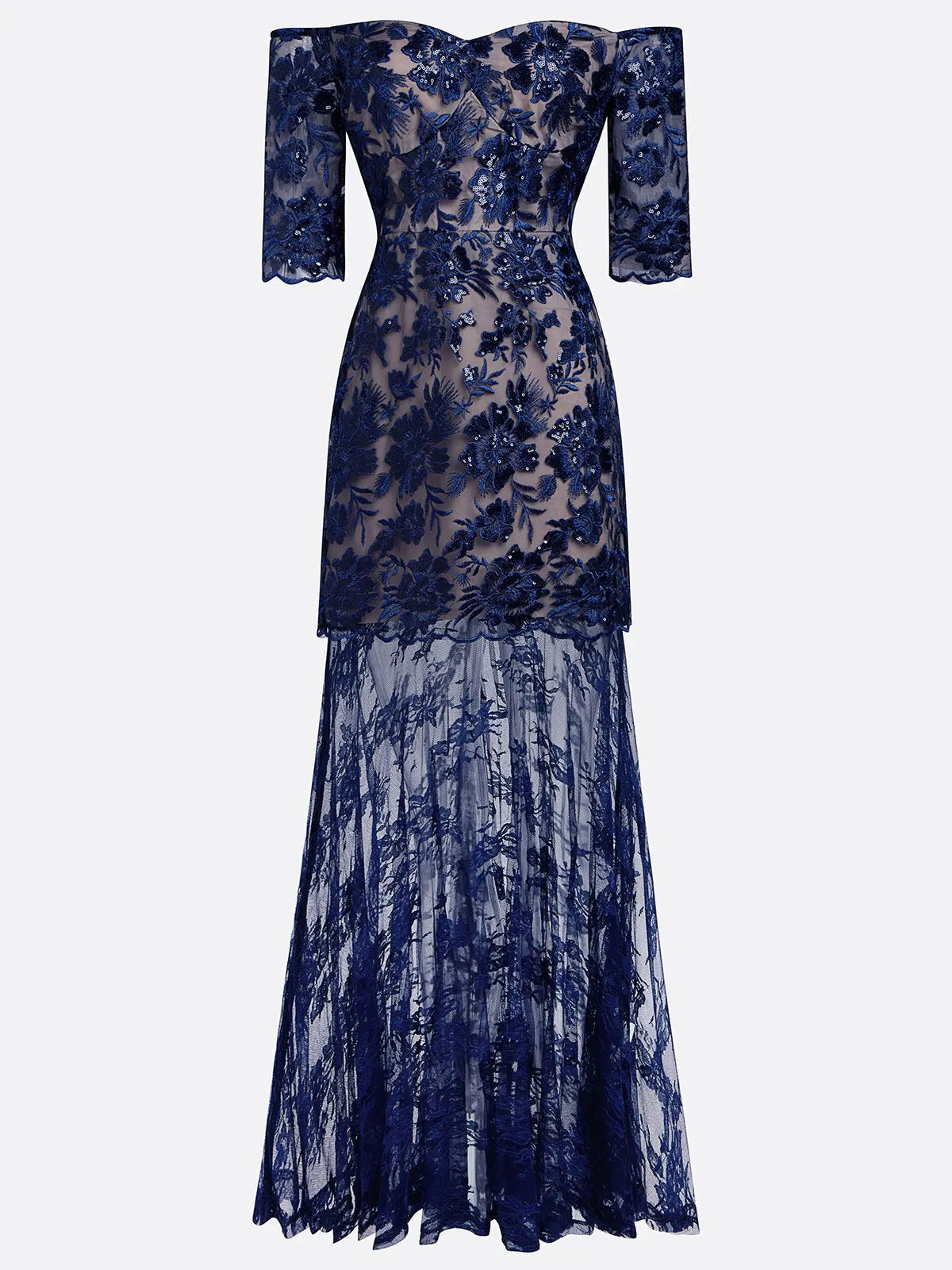 Purplish Blue Lace Sequin Off The Shoulder Half Sleeve Sheath Maxi Dress