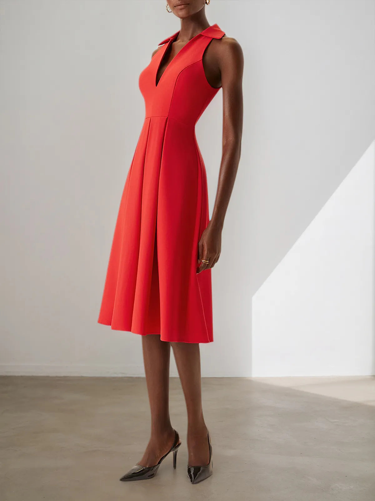 Red Classic Shirt Collar Sleeveless A-Line Midi Dress