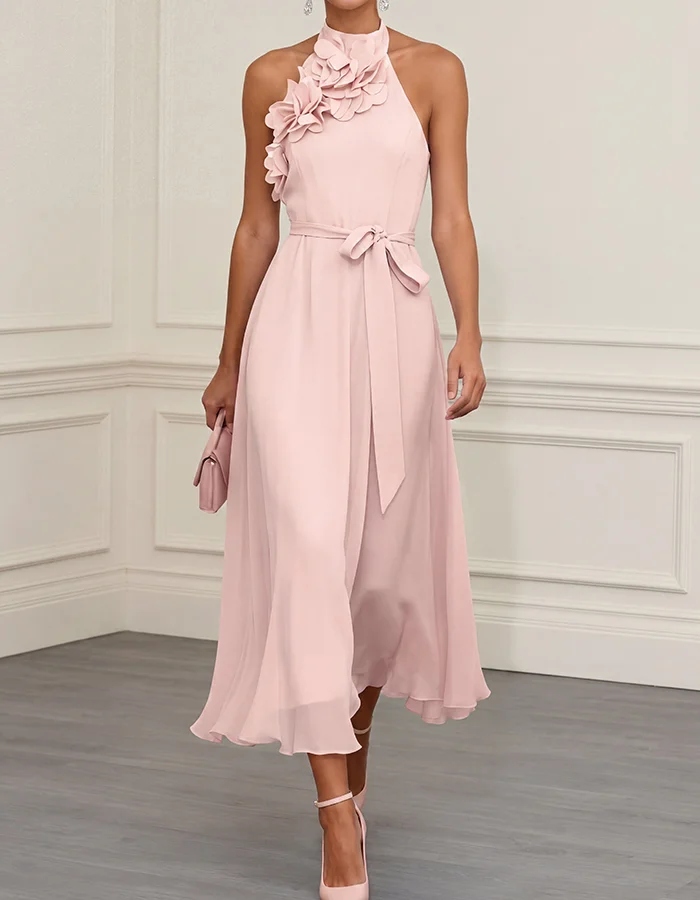 Blush Pink 3D Floral Halter Neck Chiffon Midi Dress