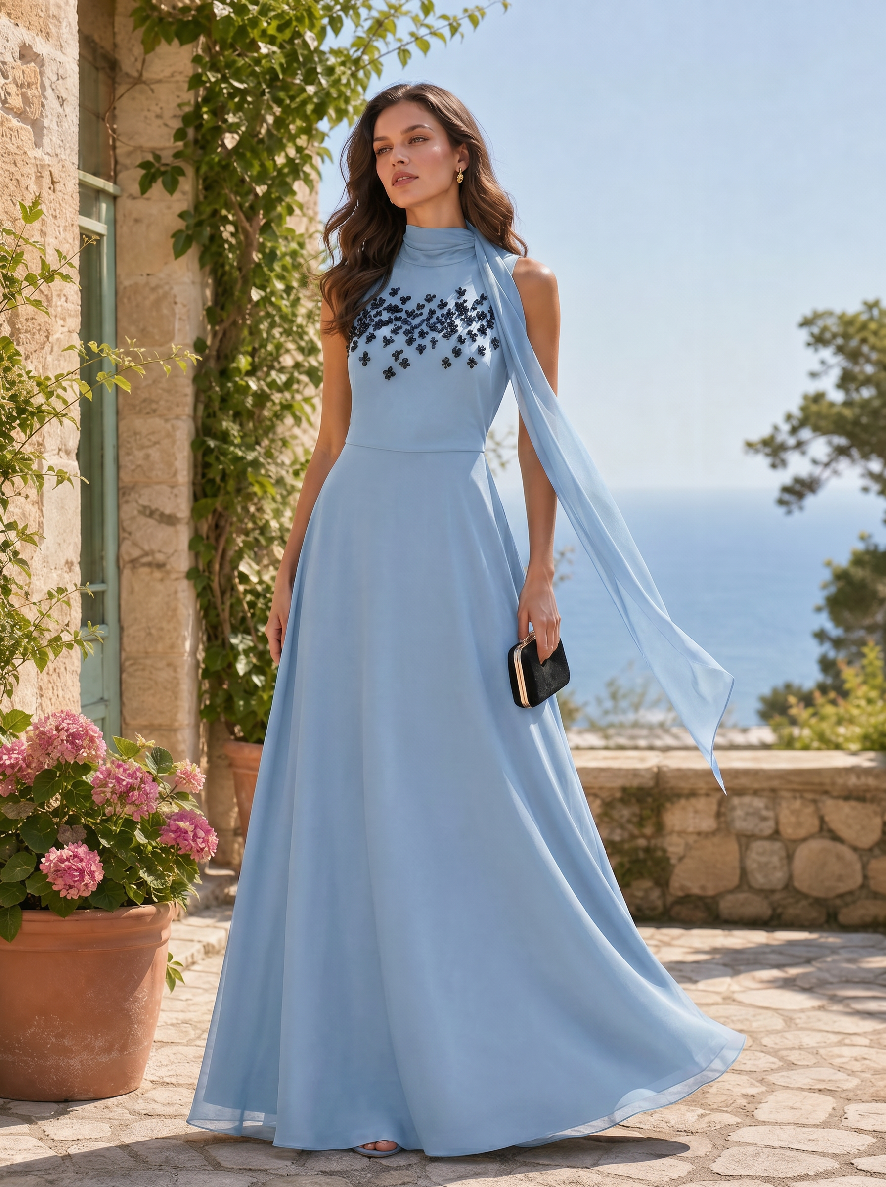 Black High Neck Sleeveless Beaded Chiffon Floor Length Gown