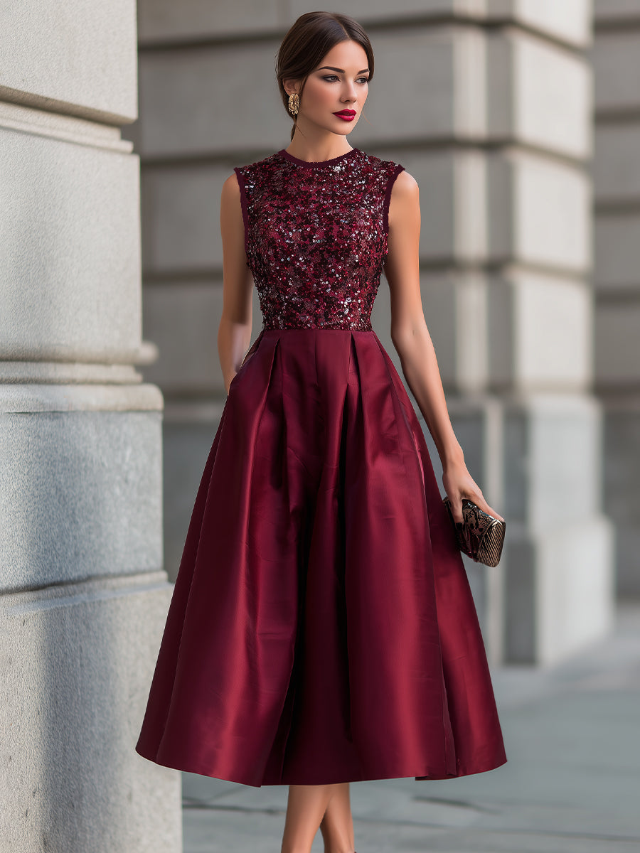 Burgundy Embellished Sleeveless Pleated Midi Dress