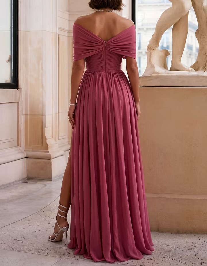 Rose Pink Chiffon Off-Shoulder Fitted Waist Maxi Dress