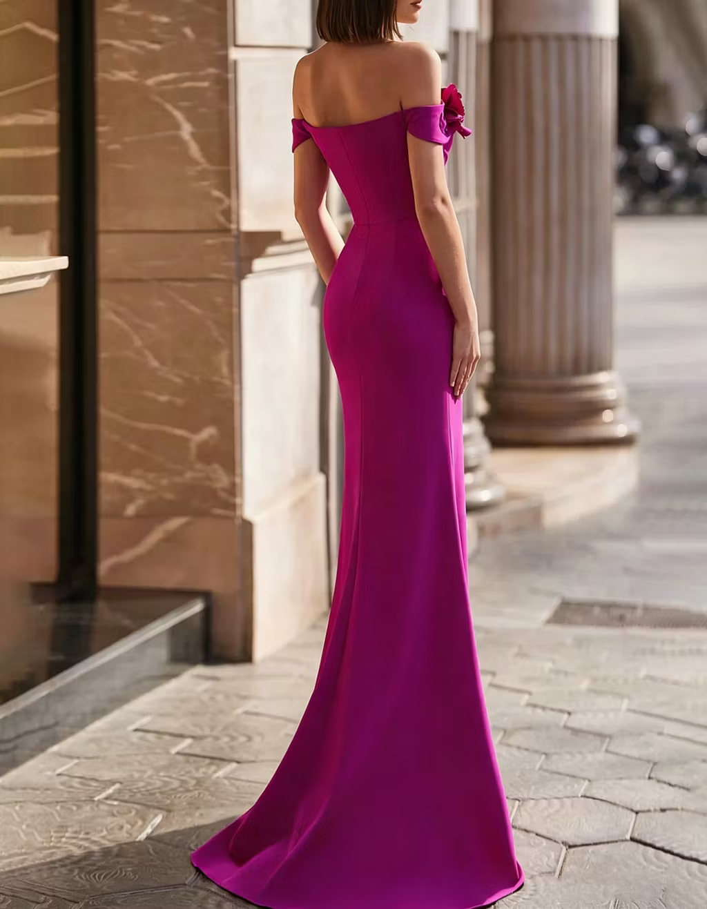 Off-Shoulder 3D Floral Appliqués Fishtail Maxi Dress