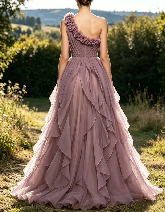 Pale Purple One-shoulder 3D Floral-embellished Maxi Dress
