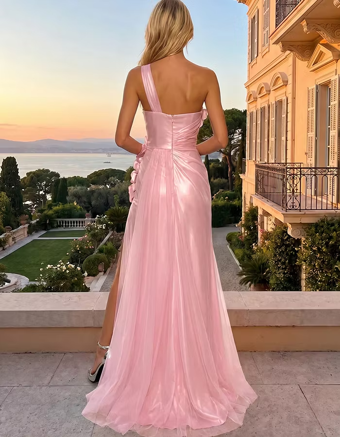 Pink One-Shoulder Satin & Chiffon 3D Floral Maxi Dress