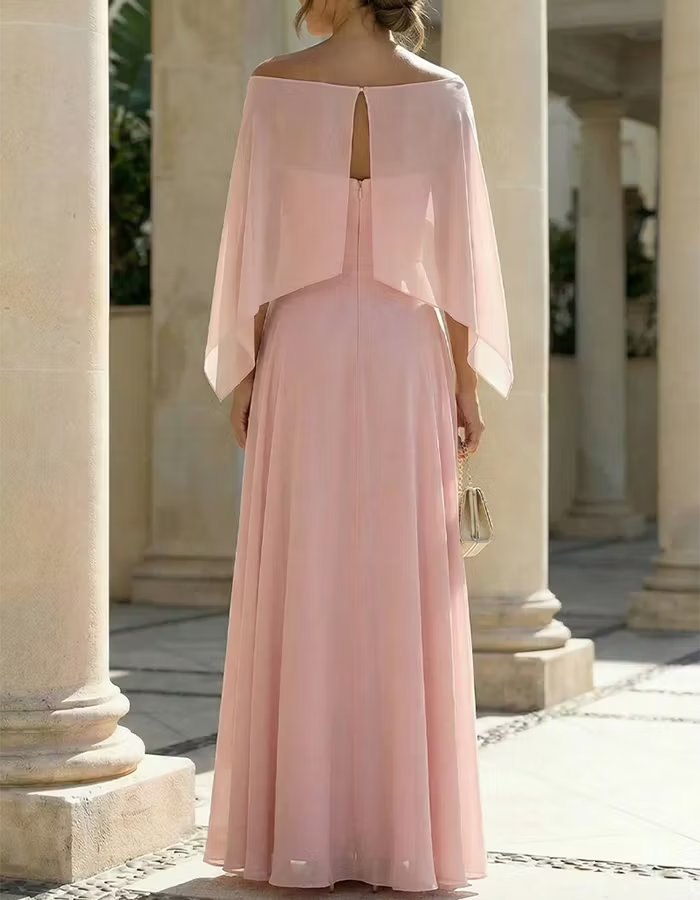 Blush Pink Off-Shoulder Capelet Chiffon Maxi Dress