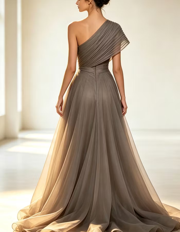 Grey One-Shoulder Pleated Organza Maxi Dress with Tiered Ruffle Skirt