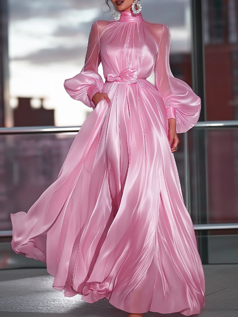 Pink High-Neck Satin Maxi Dress
