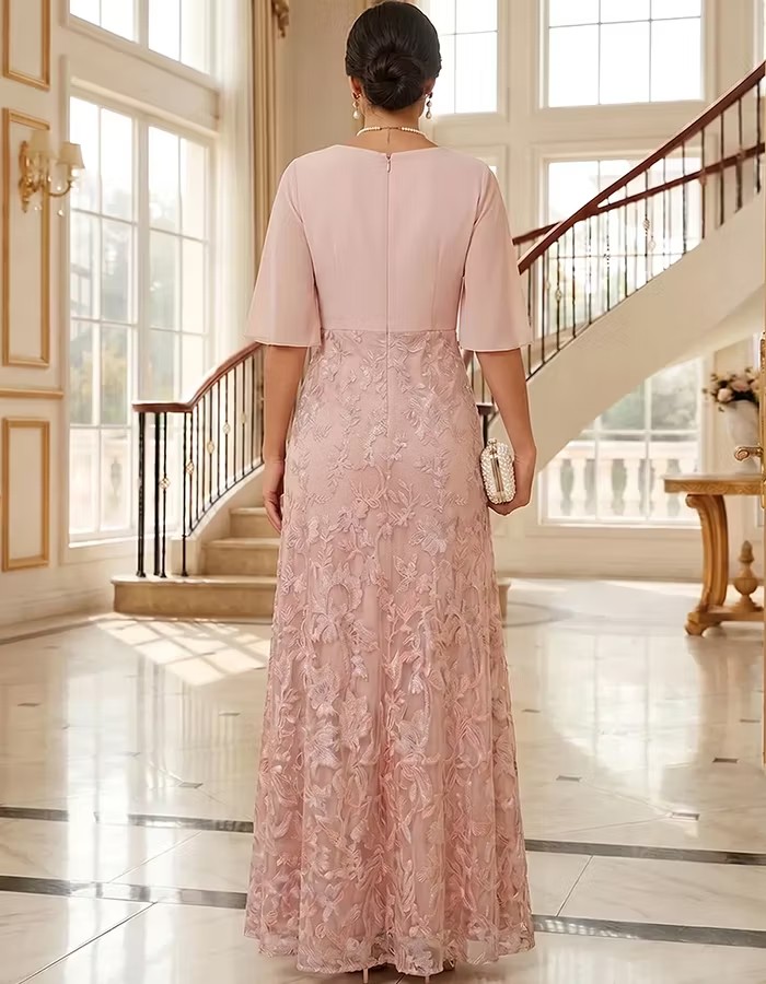 Pink Chiffon Top Lace Mermaid Half Flutter Sleeve Maxi Dress