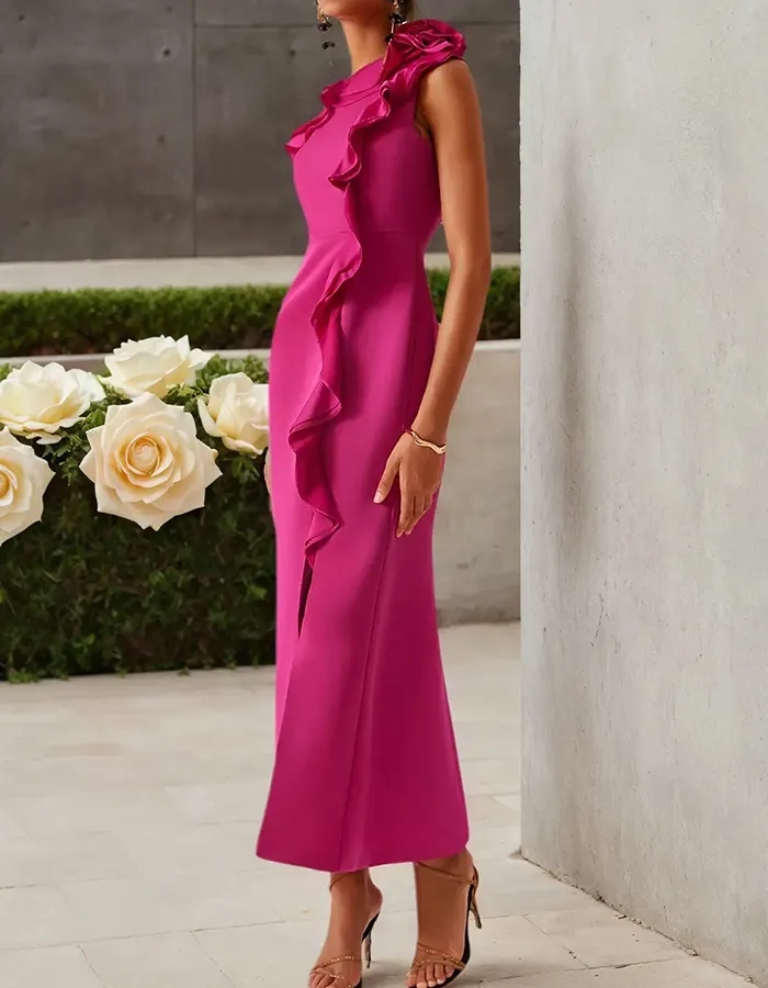 Hot Pink Blended One-Shoulder Ruffle Trim Midi Dress